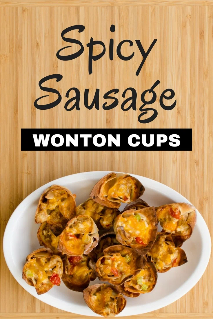 Spicy Sausage Wonton Cups - Recipe using sausage, cream cheese, and wonton wrappers. #sausagerecipe #wontoncups #appetizer