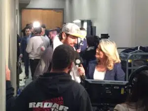 James Neal with Sportsnet's Christine Simpson following Game 1. (Photo credit: ESPN 102.5 The Game / Ryan Porth)