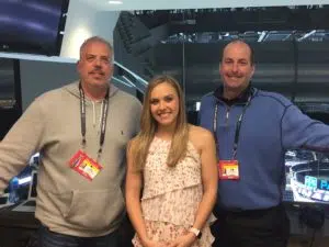 Darren McFarland and Willy Daunic with NHL Network's Jamie Hersch after her appearance on 3D. (Photo credit: ESPN 102.5 The Game / Ryan Porth)