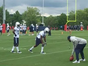 Nashville, TN - May 12, 2017 - St. Thomas Sports Park - From left to right, rookie receivers Taywan Taylor and Corey Davis participate in drills during OTAs (Photo by Buck Reising ESPN Nashville)