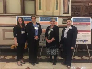 Representing the HSHS Southern Illinois Division hospitals at the Illinois Health and Hospital Association’s (IHA) Quality Advocacy Showcase were (left to right) Allison Satterthwaite, Quality Facilitator, and Alyssa Eller, Director of Quality Improvement at HSHS Holy Family Hospital in Greenville; Lori Winter, Infection Preventionist at HSHS St. Anthony’s Memorial Hospital in Effingham; and Stephanie Thannum, Infection Preventionist at HSHS St. Joseph’s Hospital in Highland.