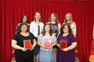 At the Lake Land College Student Recognition Banquet, seven students received the Outstanding Student Award for their academic division. In the back row, from left are: Carley Travis, Agriculture; Ashlee Burton, Humanities and Communications; Kaitlin Slifer, Business; Andrea Speece, Allied Health; in the front row, from left are: Michelle Janes, Technology; Jessie Macklin, Math and Science; Cassandra Eilers, Social Science and Education. 