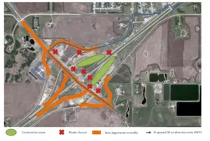 A map posted by Regina Bypass shows the westbound off-ramp diversion. (Regina Bypass)