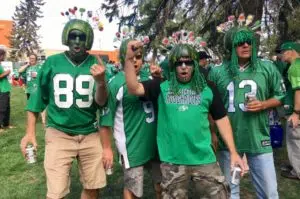 Ken Meraw (far left) and his friends traveled from Red Deer, Alta. to attend the Labour Day Classic at the new Mosaic Stadium Sept. 3, 2017. (Jessie Anton/980 CJME)
