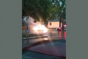 Dave MacIntosh told 650 CKOM he heard a loud crack and then witnessed lightning hit power lines on the corner of Taylor Street E and Sommerfeld Avenue on July 10, 2017. (Dave MacIntosh)