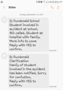 A text message sent to parents of students at École Dundonald School after a 5-year-old boy was found unresponsive in a pond near the school on Sept. 11, 2017. (submitted), 