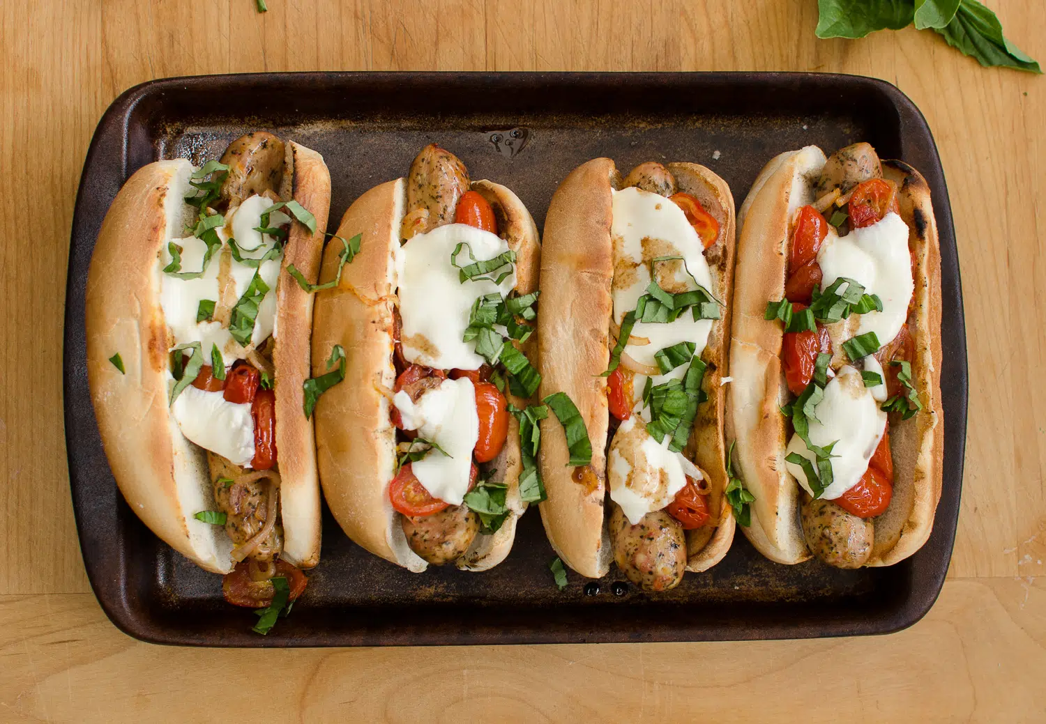 Grilled Caprese Dogs with Garlic Bread Buns and Balsamic allmomdoes