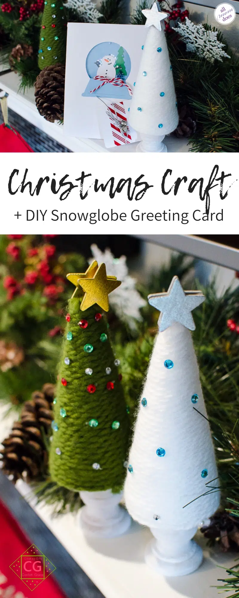 Christmas Tree Craft and Snowglobe Christmas Card - Confetti Grace subscription craft box #crafting #subscriptionbox #christmascraft