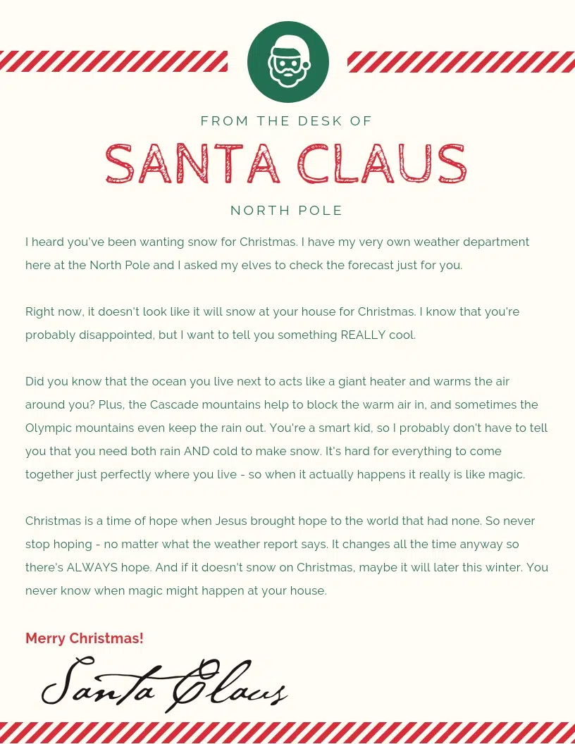 Letter from Santa to the Child Wishing for a White Christmas (Printable ...