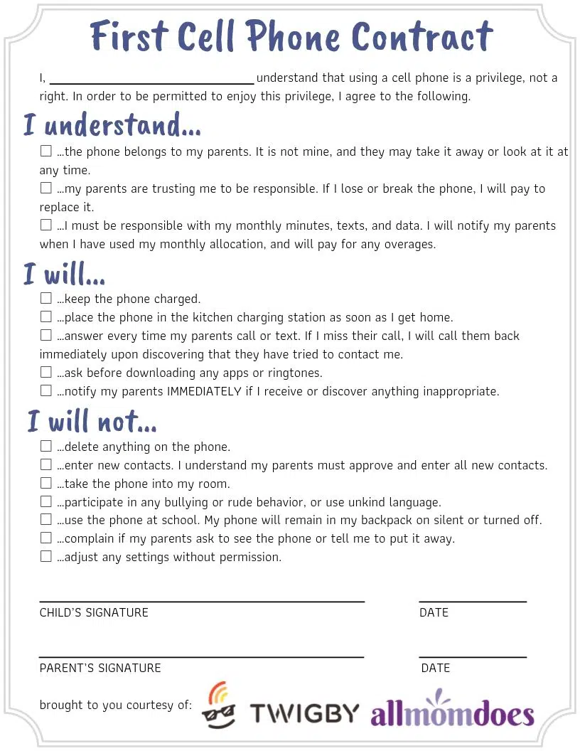 Phone Contract For Kids From Parent Printable