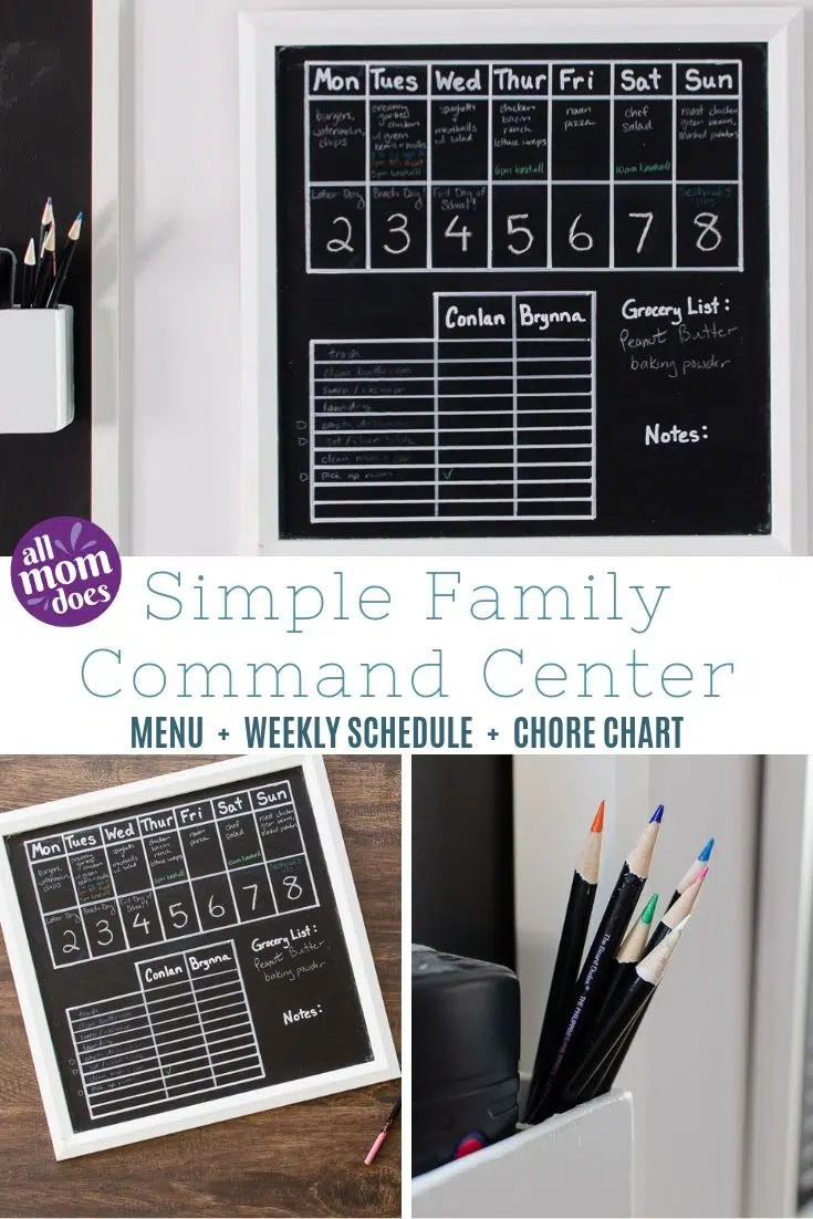Simple Family Command Center - DIY Family Organizer, easy to keep your family's schedule organized! Includes weekly menu, schedule, and chore chart.