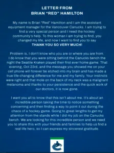 Letter from Canucks. Test follows image.