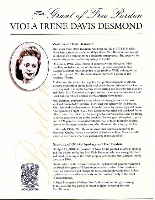 Viola Desmond Grant of Free Pardon, 2010. / Pardon absolu de Viola Desmond, 2010.