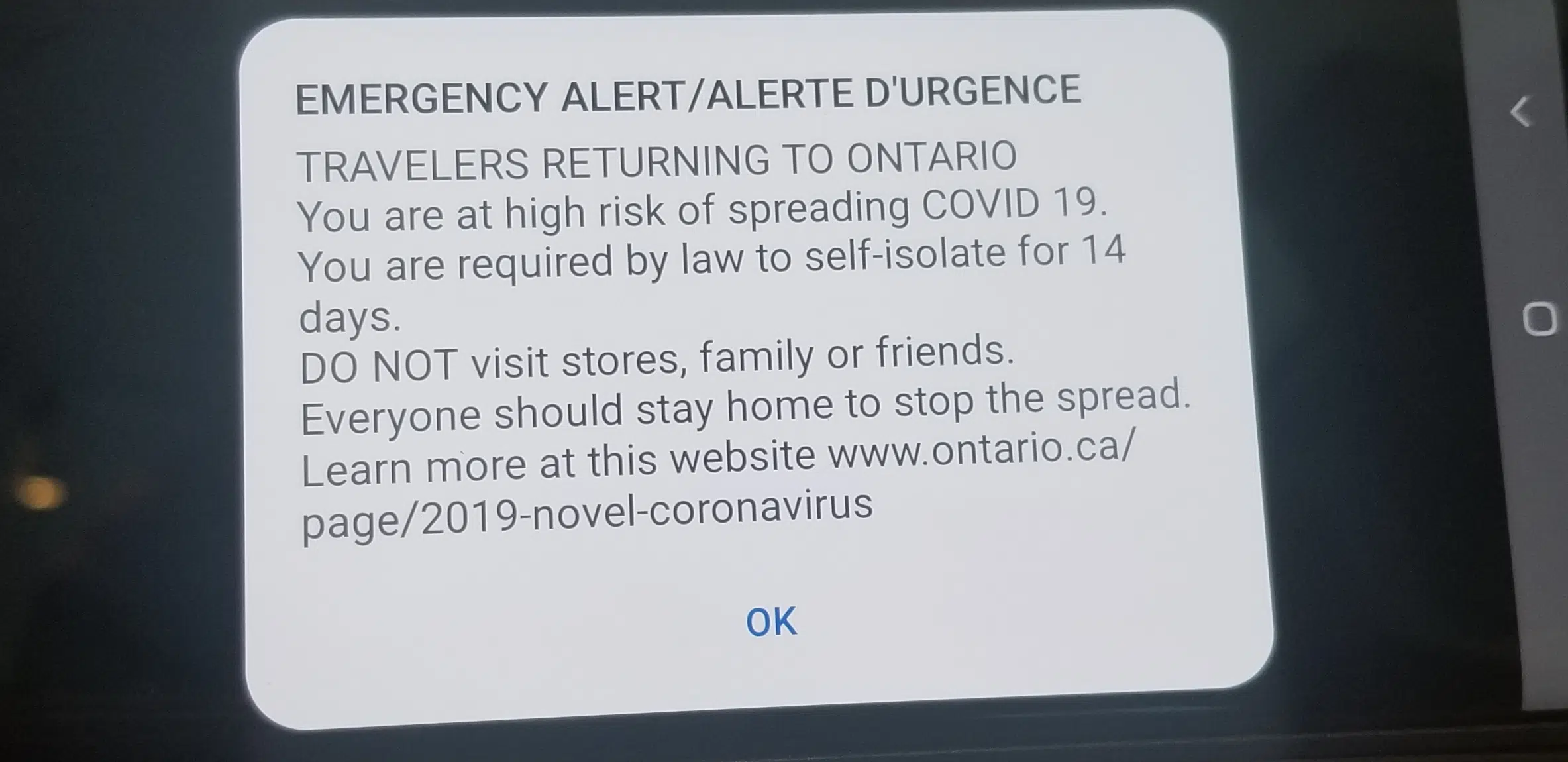 Province Wide Emergency Alert Sent Out