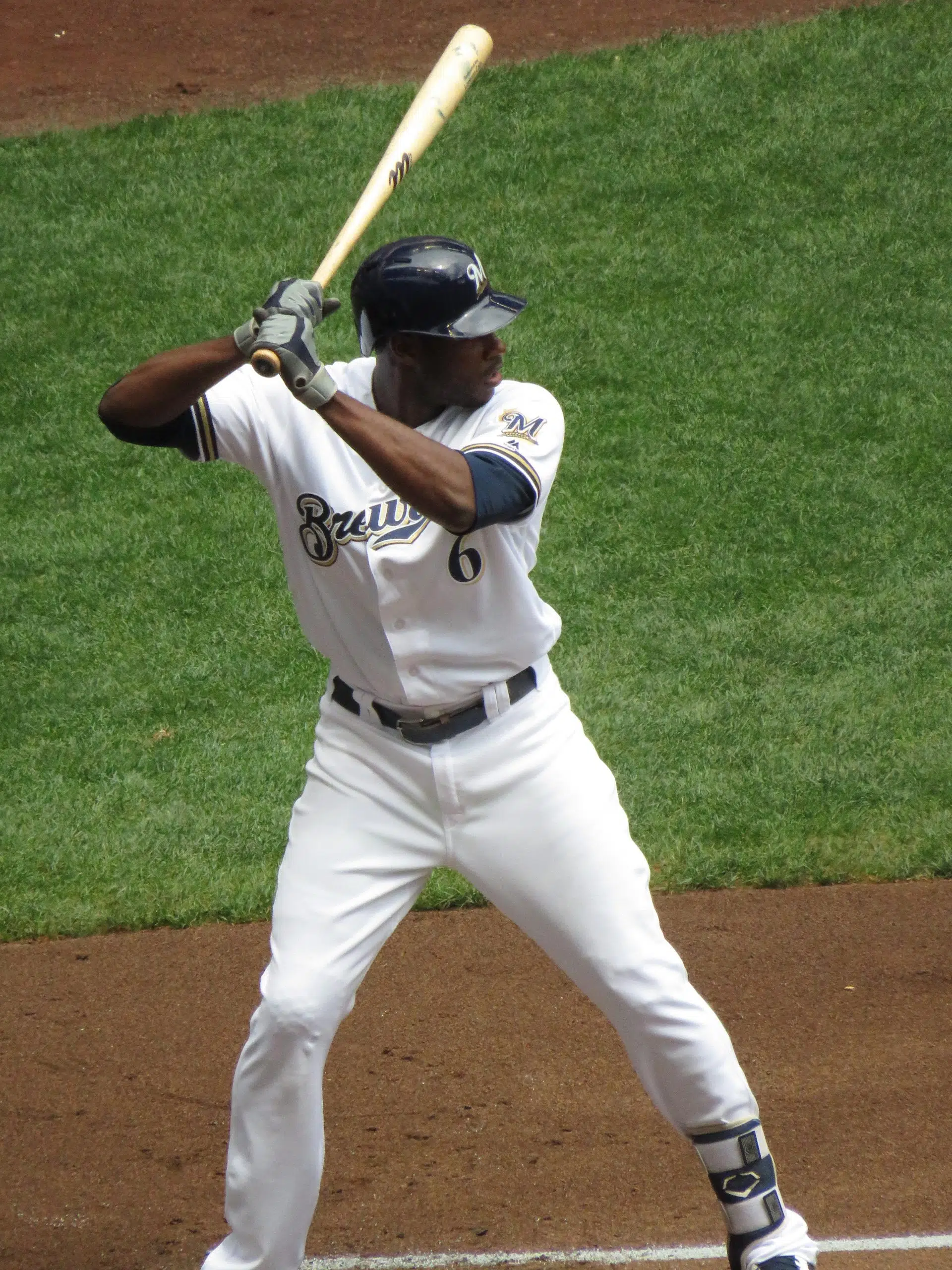 Luis Urias of the Milwaukee Brewers bats against the Chicago Cubs