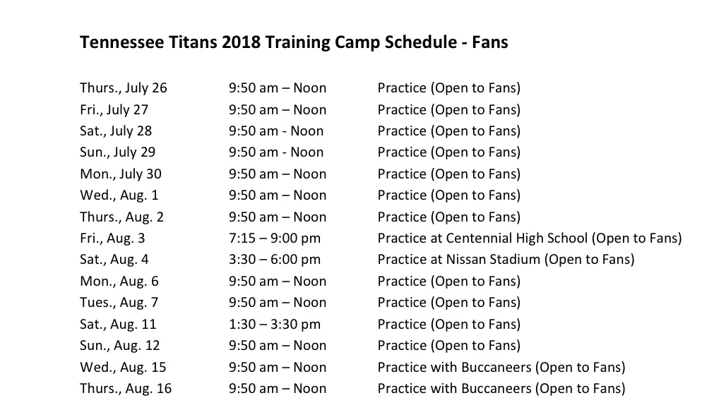 Tennessee Titans announce training camp dates open to public