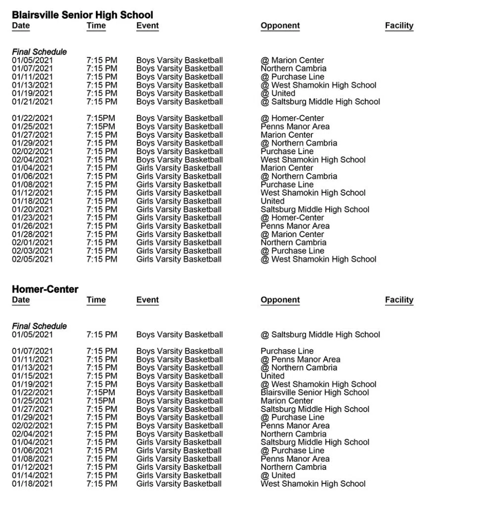 HERITAGE CONFERENCE RELEASES REVISED BASKETBALL SCHEDULES Today's