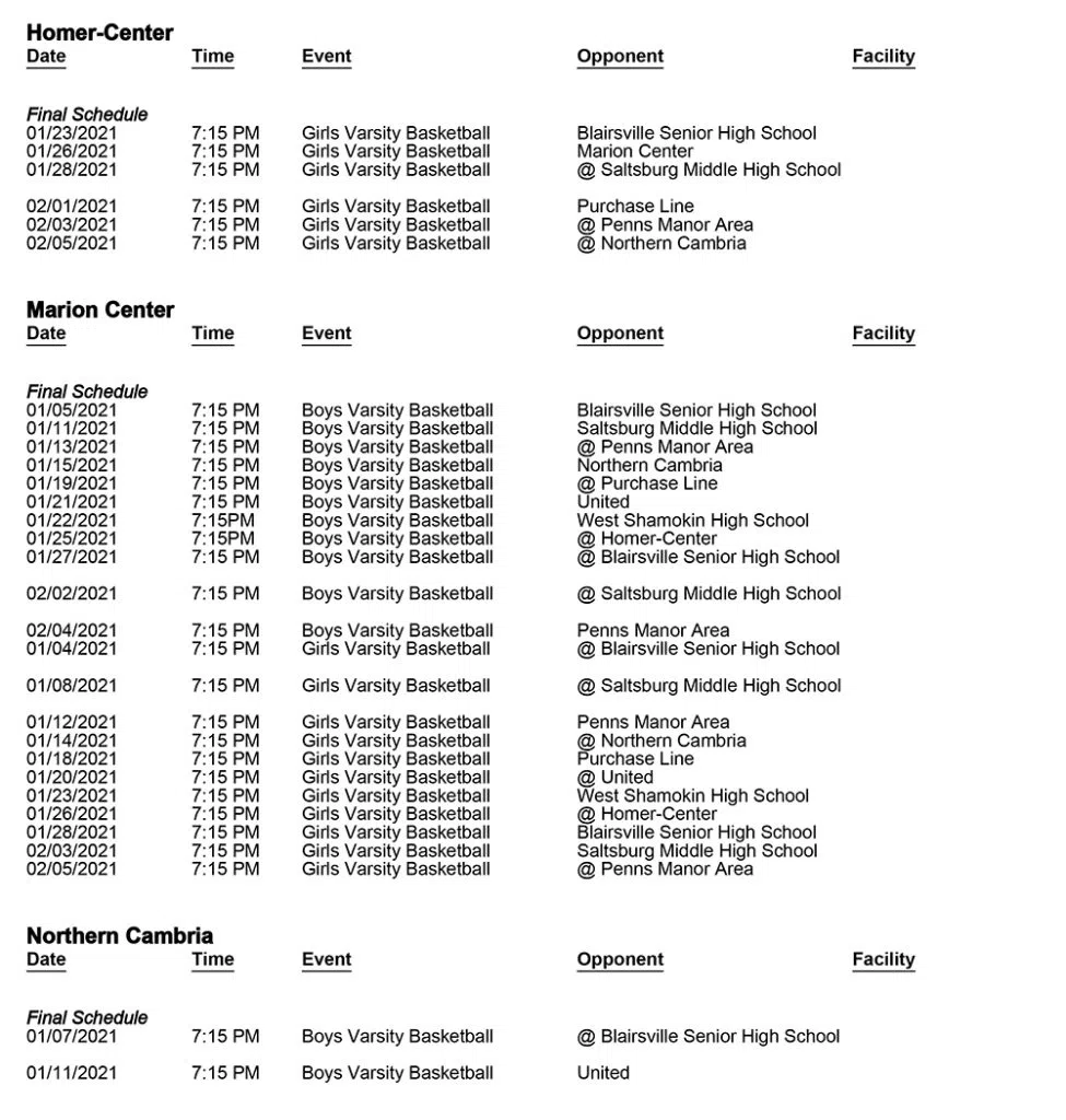 HERITAGE CONFERENCE RELEASES REVISED BASKETBALL SCHEDULES Today's