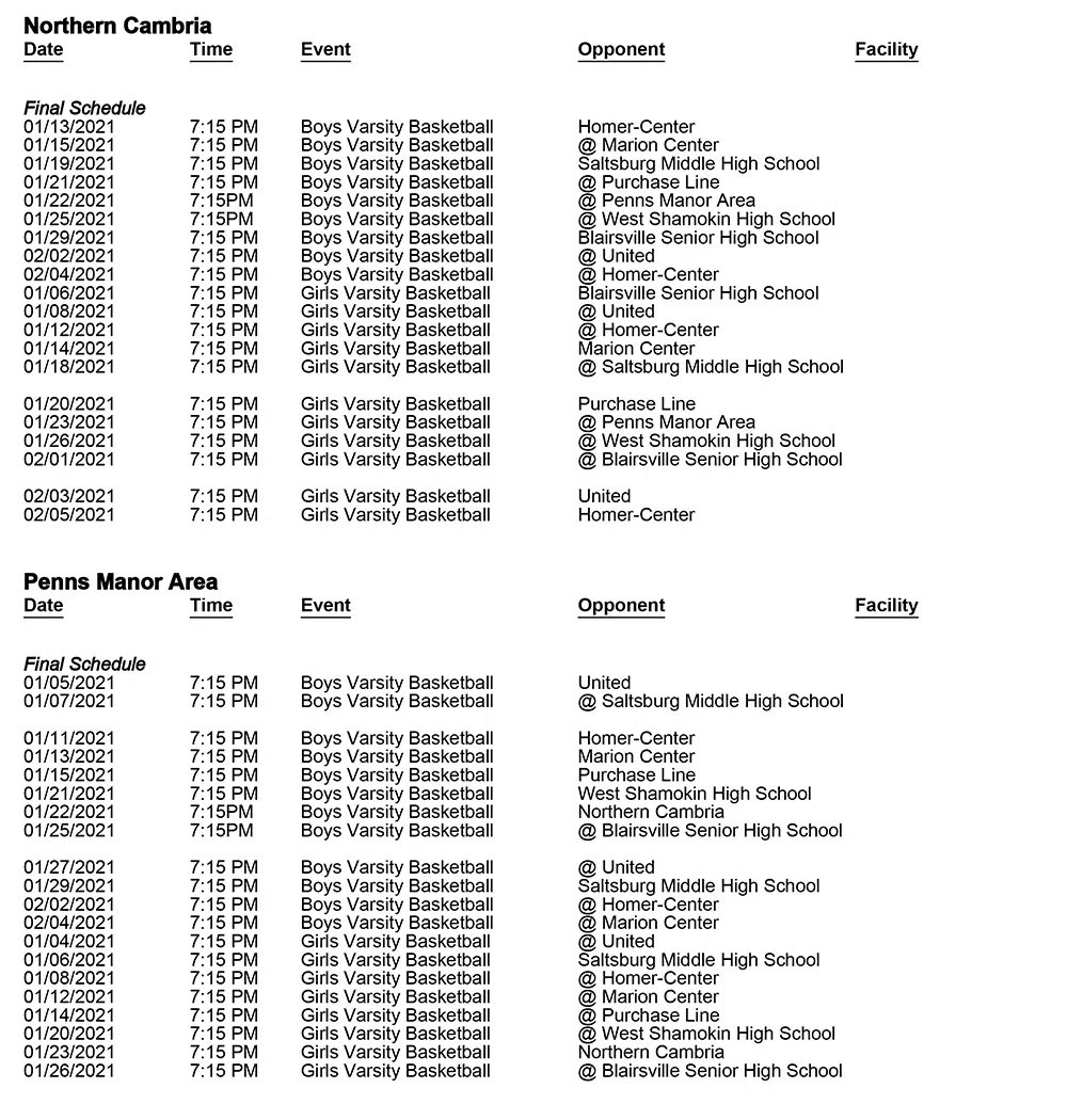 HERITAGE CONFERENCE RELEASES REVISED BASKETBALL SCHEDULES Today's