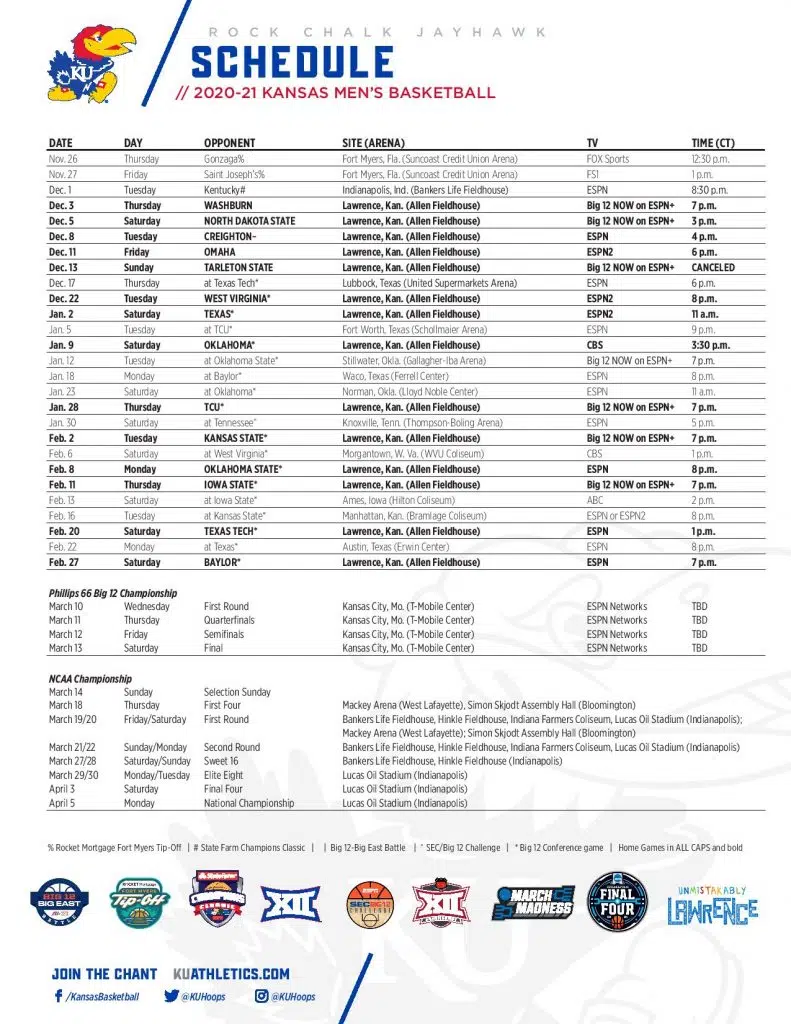 Ku Basketball Schedules 2020 21 Klwn 101 7 Fm And 1320 Am