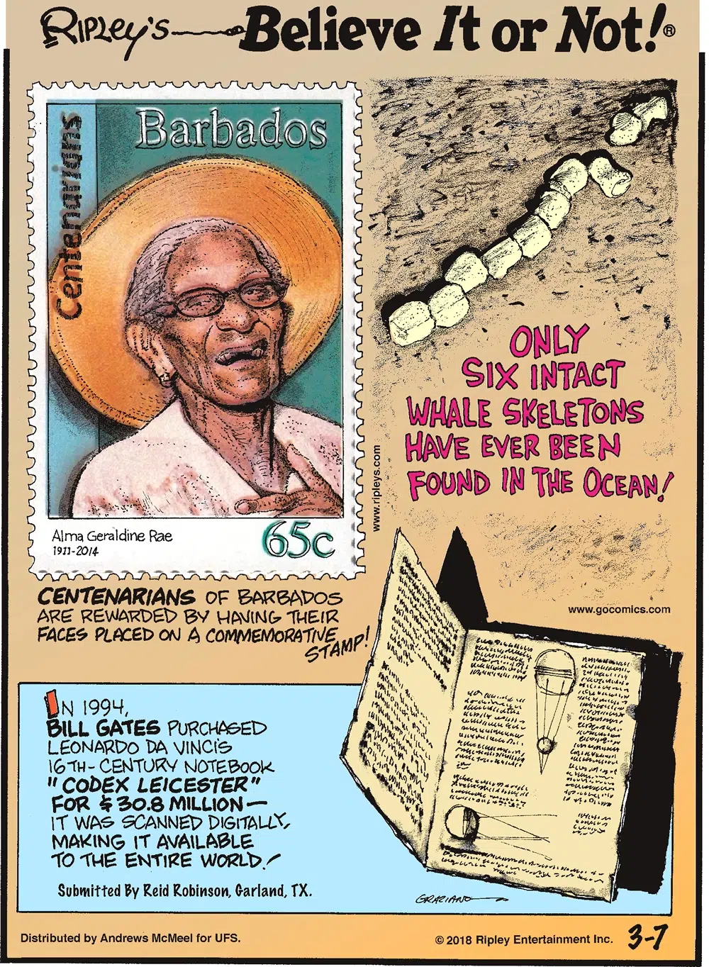 Centenarians of Barbados are rewarded by having their faces placed on a commemorative stamp!-------------------- Only six intact whale skeletons have ever been found in the ocean!-------------------- In 1994, Bill Gates purchased Leonardo Da Vinci's 16th-century notebook "Codex Leicester" for $30.8 million - it was scanned digitally, making it available to the entire world! Submitted by Reid Robinson, Garland, TX.