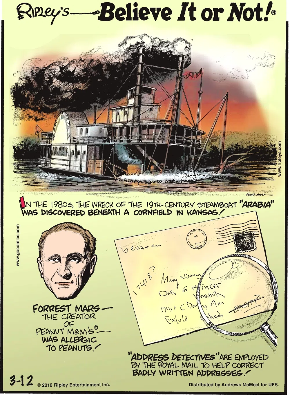 In the 1980s, the wreck of the 19th-century steamboat "Arabia" was discovered beneath a cornfield in Kansas!-------------------------- Forrest Mars - the creator of Peanut M&M's - was allergic to peanuts!-------------------- "Address detectives" are employed by the Royal Mail to help correct badly written addresses!