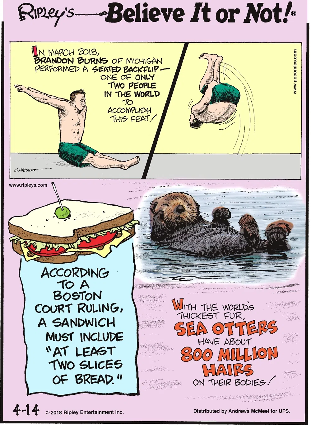 In March 2018, Brandon Burns of Michigan performed a seated backflip - one of only two people in the world to accomplish this feat!-------------------- According to a Boston court ruling, a sandwich must include "at least two slices of bread."-------------------- With the world's thickest fur, sea otters have about 800 million hairs on their bodies!