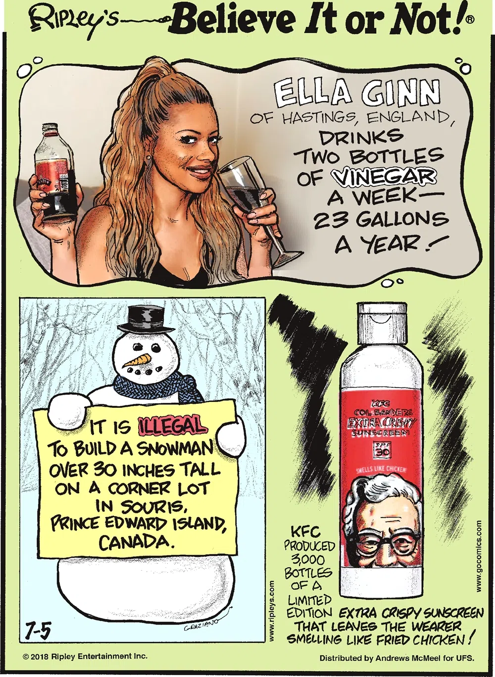 Ella Ginn of Hastings, England, drinks two bottles of vinegar a week - 23 gallons a year!-------------------- It is illegal to build a snowman over 30 inches tall on a corner lot in Souris, Prince Edward Island, Canada.-------------------- KFC produced 3,000 bottles of a limited edition Extra Crispy Sunscreen that leaves the wearer smelling like fried chicken!