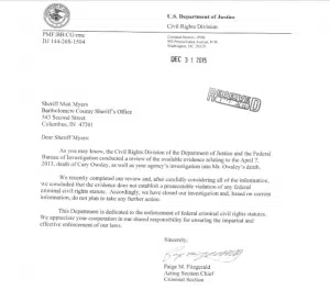 Copy of letter sent to Bartholomew County Sheriff from the Department of Justice.