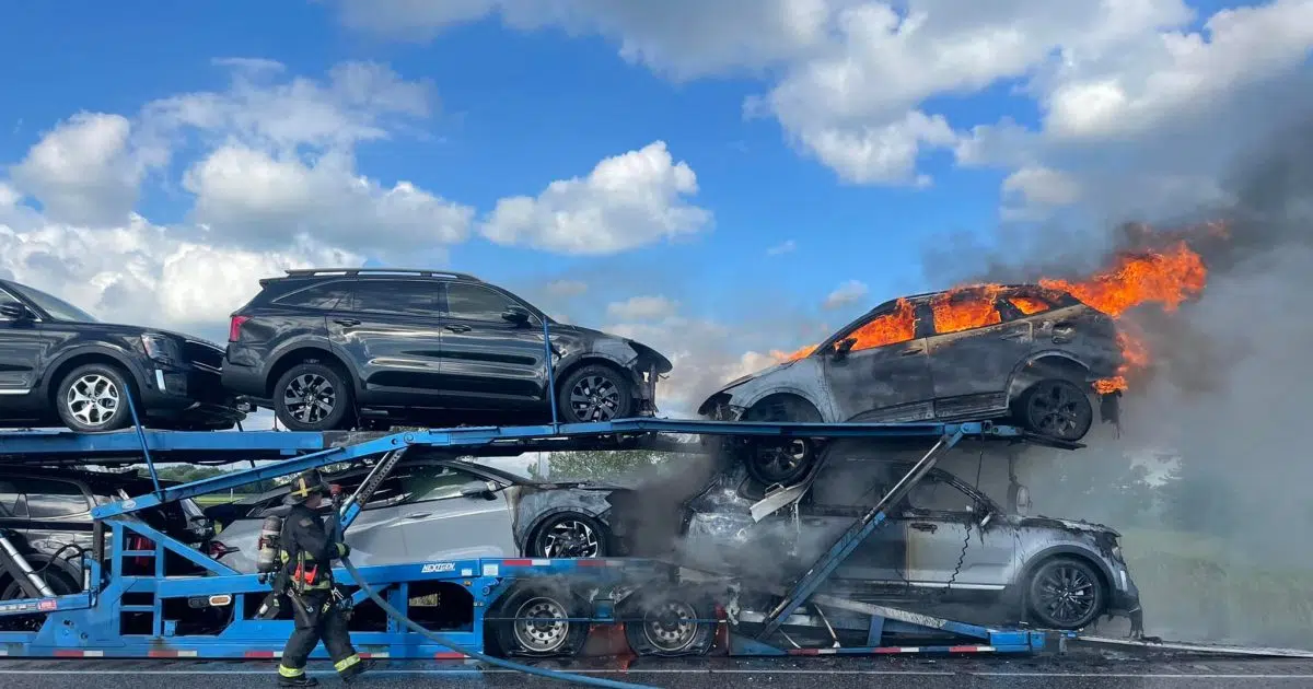 Car hauler carrying four cars catches fire on I65 KORN Country 100.3