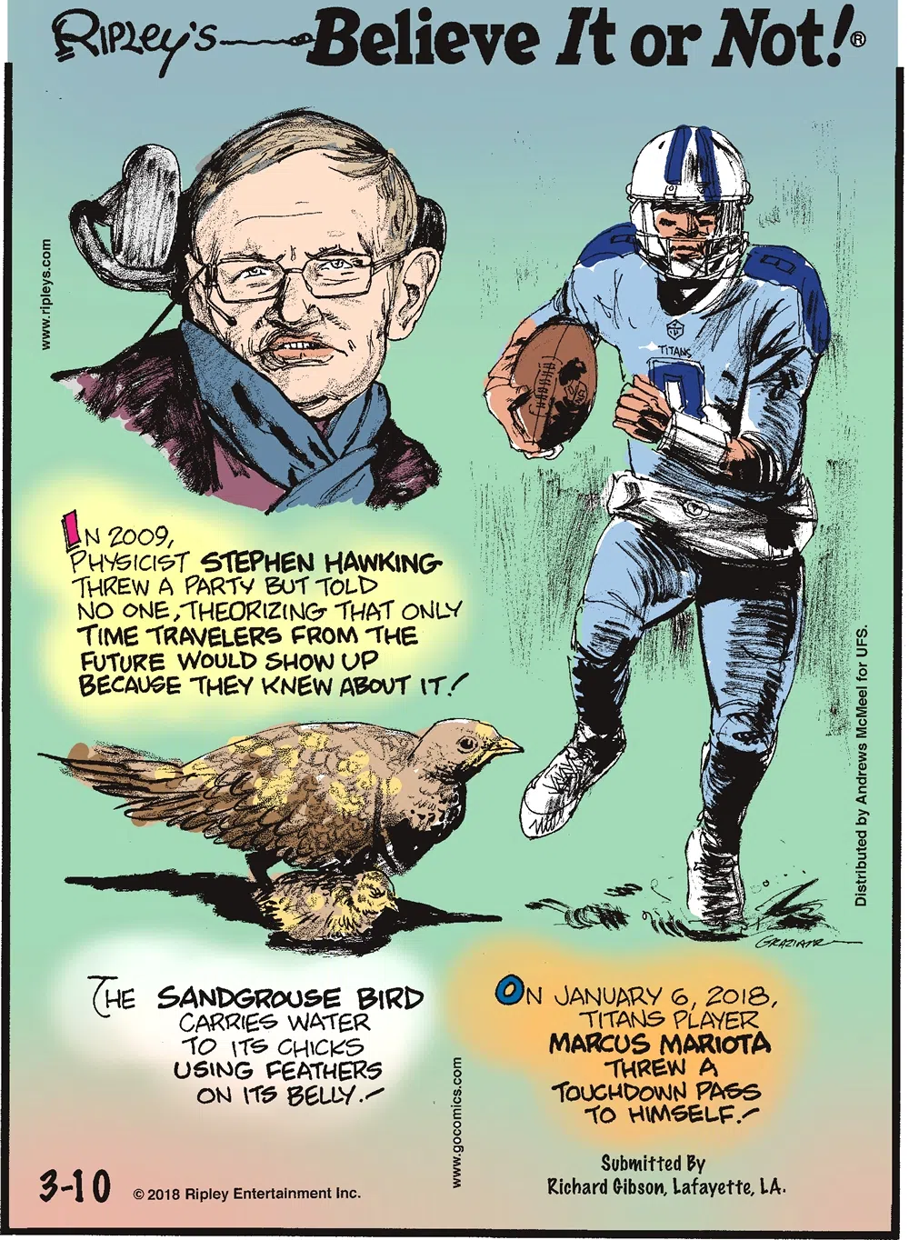 In 2009, physicist Stephen Hawking threw a party but told no one, theorizing that only time travelers from the future would show up because they knew about it!-------------------- The sandgrouse bird carries water to its chicks using feathers on its belly!-------------------- On January 6, 2018, Titans player Marcus Mariota threw a touchdown pass to himself! Submitted by Richard Gibson, Lafayette, LA.