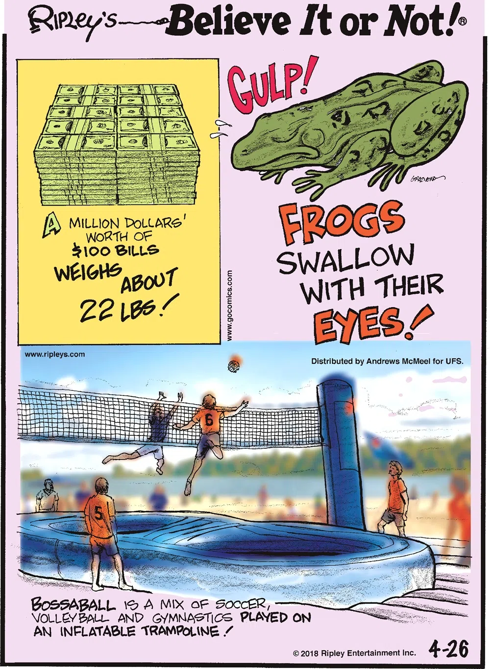 A million dollars' worth of $100 bills weighs about 22 lbs!-------------------- Frogs swallow with their eyes!-------------------- Bossaball is a mix of soccer, volleyball, and gymnastics played on an inflatable trampoline!