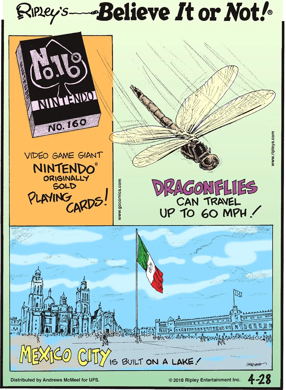 Video game giant Nintendo originally sold playing cards!-------------------- Dragonflies can travel up to 60 mph!-------------------- Mexico City is built on a lake!