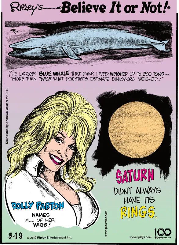 1. The largest blue whale that ever lived weighed up to 200 tons - more than twice what scientists estimate dinosaurs weighed! 2. Dolly Parton names all of her wigs! 3. Saturn didn't always have its rings.
