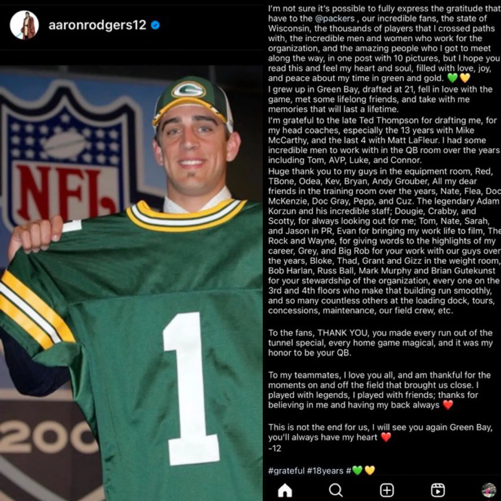 Aaron Rodgers Posts Heartfelt Farewell to Green Bay on Instagram