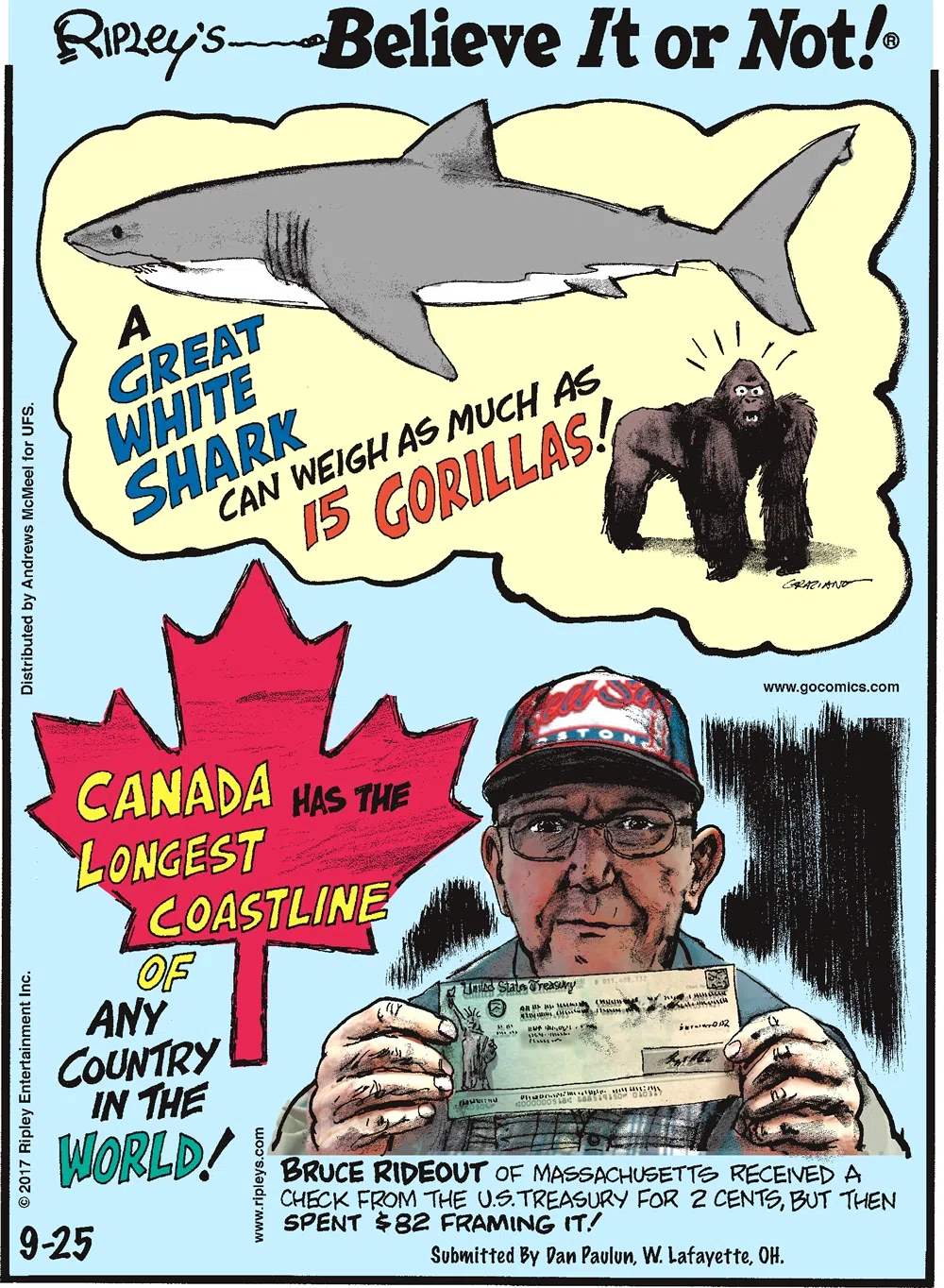 A great white shark can weigh as much as 15 gorillas!-------------------- Canada has the longest coastline of any county in the world!-------------------- Bruce Rideout of Massachusetts received a check from the U.S. Treasure for 2 cents, but then spent $82 framing it! Submitted by Dan Paulun, W. Lafayette, OH.