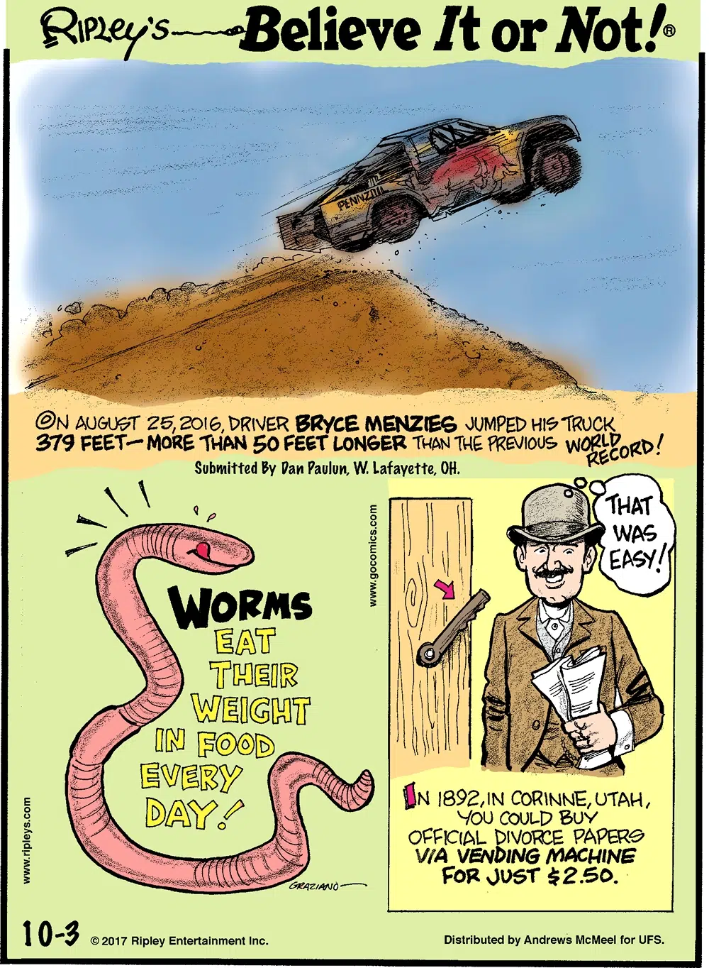 On August 25, 2016, driver Bryce Menzies jumped his truck 379 feet - more than 50 feet longer than the previous world record! Submitted by Dan Paulun, W. Lafayette, OH.-------------------- Worms eat their weight in food every day!-------------------- In 1892, in Corinne, Utah, you could buy official divorce papers via vending machine for just $2.50.
