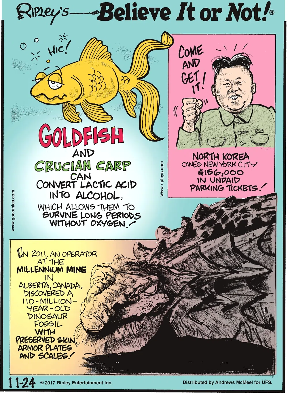 Goldfish and crucian carp can convert lactic acid into alcohol, which allows them to survive long periods without oxygen!-------------------- North Korea owes New York City $156,000 in unpaid parking tickets!-------------------- In 2011, an operator at the Millennium Mine in Alberta, Canada, discovered a 110-million-year-old dinosaur fossil with preserved skin, armor plates and scales!