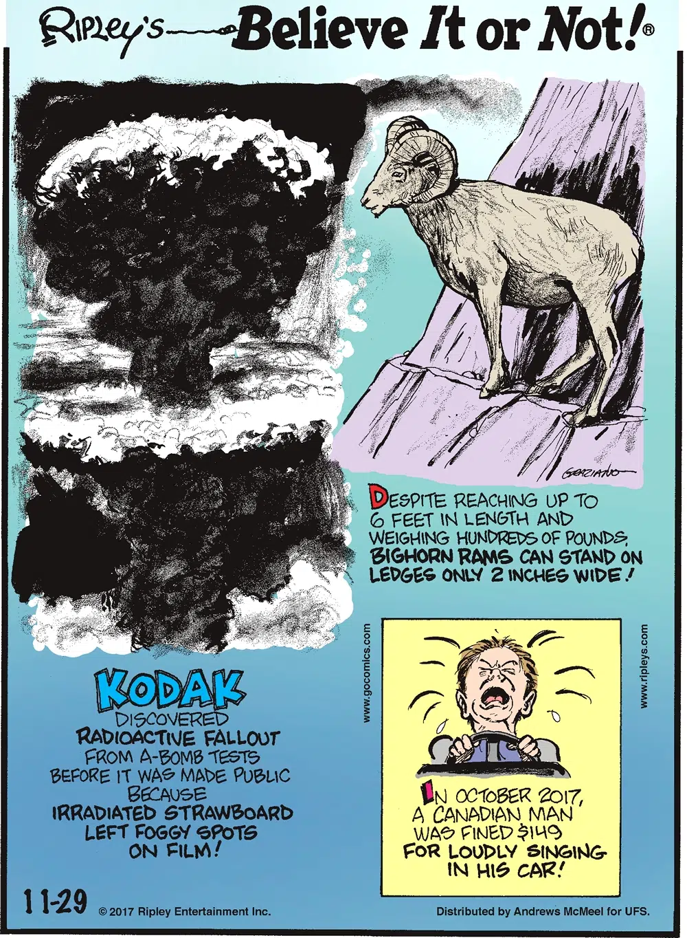 Despite reaching up to 6 feet in length and weighing hundreds of pounds, bighorn rams can stand on ledges only 2 inches wide!-------------------- Kodak discovered radioactive fallout from a-bomb tests before it was made public because irradiated strawboard left foggy spots on film!-------------------- In October 2017, a Canadian man was fined $149 for loudly singing in his car!