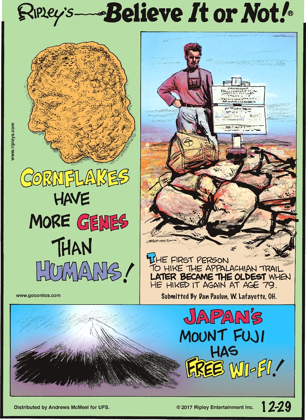 Cornflakes have more genes than humans!-------------------- The first person to hike the Appalachian trail later became the oldest when he hiked it again at age 79. Submitted by Dan Paulun, W. Lafayette, OH.-------------------- Japan's Mount Fuji has free wi-fi!