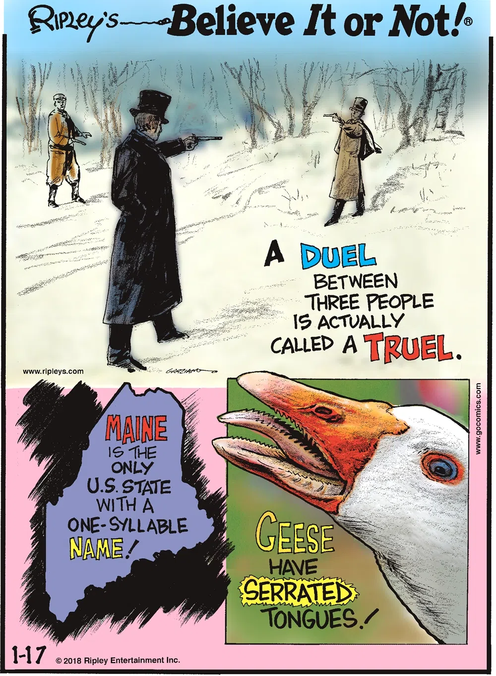 A duel between three people is actually called a truel.-------------------- Maine is the only U.S. state with a one-syllable name!-------------------- Geese have serrated tongues!