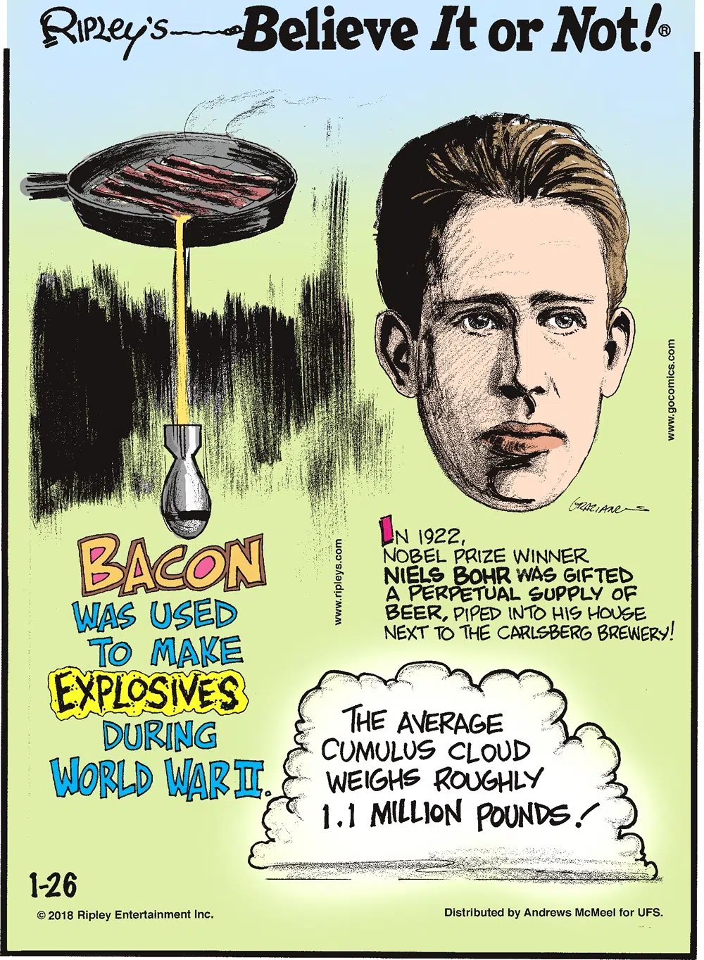 Bacon was used to make explosives during World War II.-------------------- In 1922, Nobel Prize Winner Niels Bohr was gifted a perpetual supply of beer, piped into his house next to the Carlsberg Brewery!-------------------- The average cumulus cloud weighs roughly 1.1 million pounds!