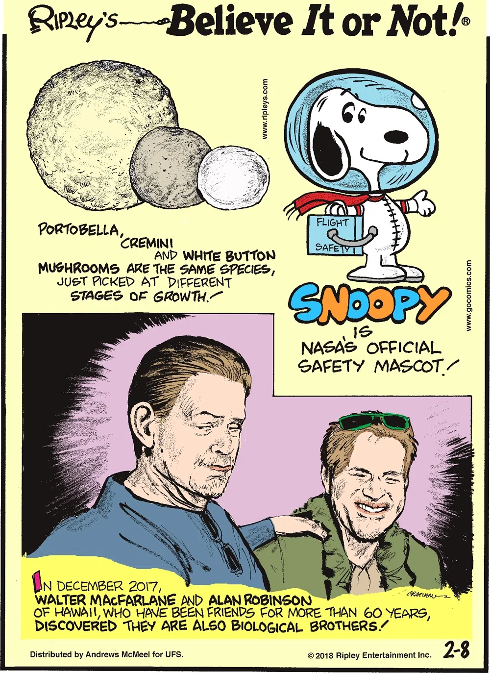 Portobella, cremini and white button mushrooms are the same species, just picked at different stages of growth!-------------------- Snoopy is NASA's official safety mascot!-------------------- In December 2017, Walter MacFarlane and Alan Robinson of Hawaii, who have been friends for more than 60 years, discovered they are also biological brothers!