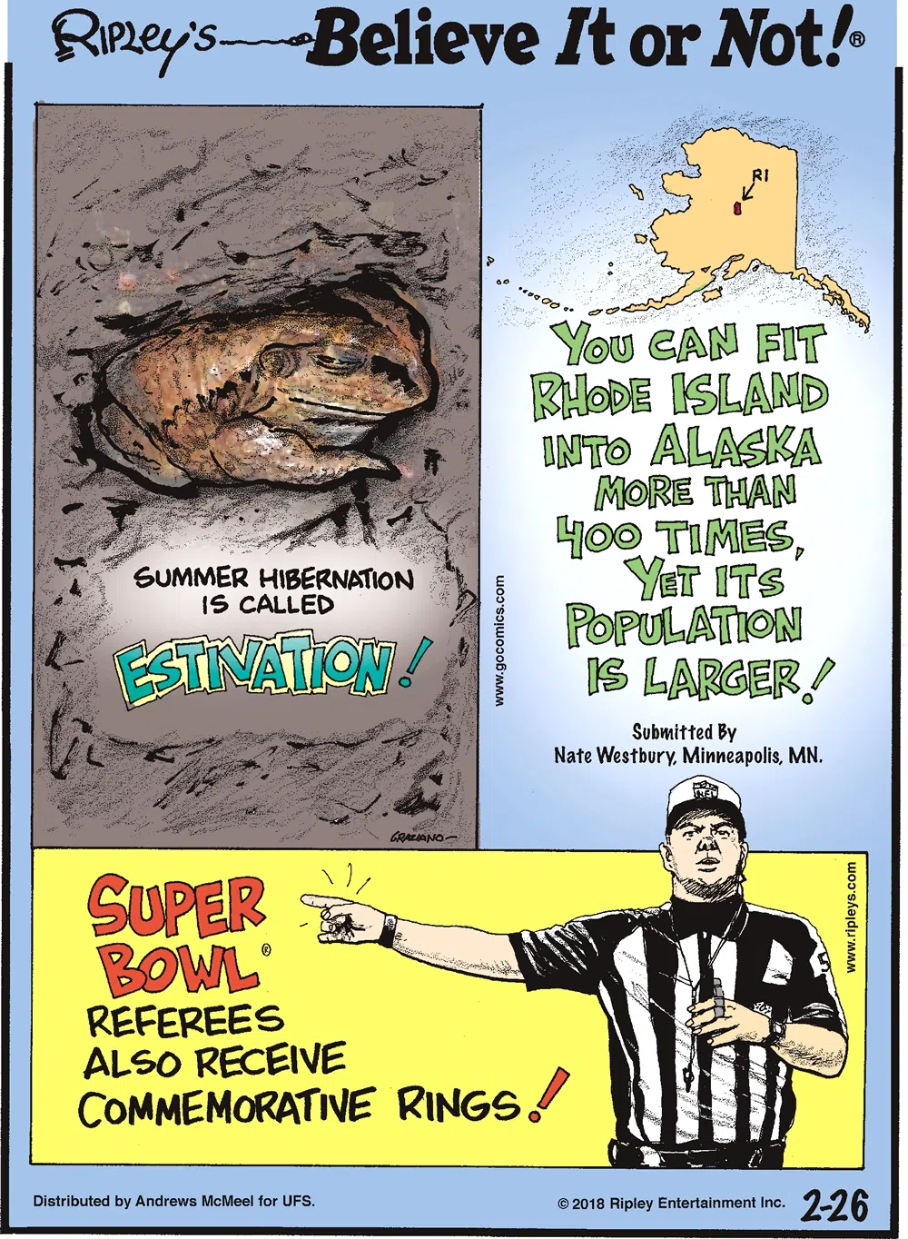 Summer hibernation is called estivation!-------------------- You can fit Rhode Island into Alaska more than 400 times, yet its population is larger! Submitted by Nate Westbury, Minneapolis, MN.-------------------- Super Bowl referees also receive commemorative rings!