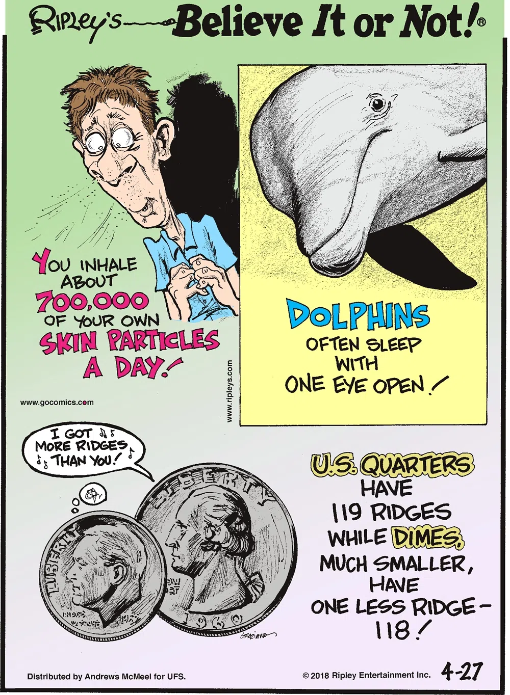 You inhale about 700,000 of your own skin particles a day!-------------------- Dolphins often sleep with one eye open!-------------------- U.S. quarters have 119 ridges while dimes, much smaller, have one less ridge - 118!