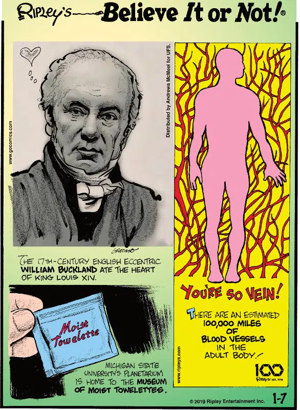 1. The 17th-century English eccentric William Buckland ate the heart of King Louis XIV. 2. You're so vein! There are an estimated 100,000 miles of blood vessels in the adult body! 3. Michigan State University's planetarium is home to the Museum of Moist Towelettes.
