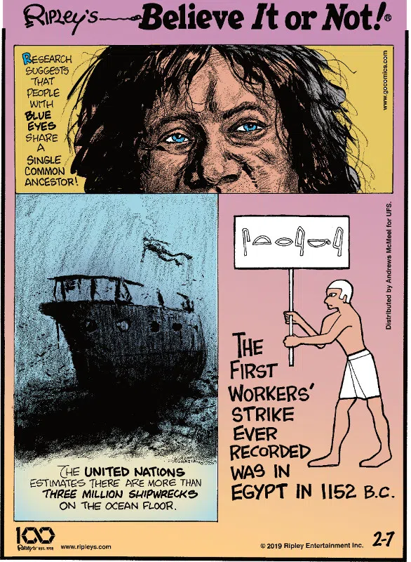 1. Research suggests that people with blue eyes share a single common ancestor! 2. The United Nations estimates there are more than three million shipwrecks on the ocean floor. 3. The first workers' strike ever recorded was in Egypt in 1152 B.C.