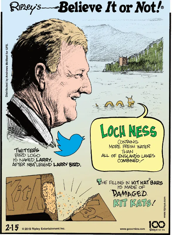 1. Twitter's bird logo is named Larry, after NBA® legend Larry Bird. 2. Loch Ness contains more fresh water than all of England's lakes combined. 3. The filling in Kit Kat® bars is made of damaged Kit Kats!