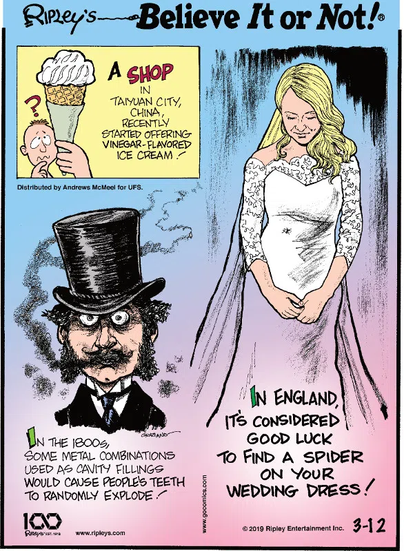 1. A shop in Taiyuan City, China, recently started offering vinegar-flavored ice cream! 2. In the 1800s, some metal combinations used as cavity fillings would cause people's teeth to randomly explode! 3. In England, it's considered good luck to find a spider on your wedding dress!