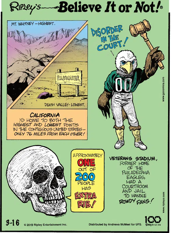 1. California is home to both the highest and lowest points in the contiguous United States - only 76 miles from each other. 2. Approximately one out of 200 people has extra rib! 3. Veterans Stadium, former home of the Philadelphia Eagles, had a courtroom and jail to handle rowdy fans!